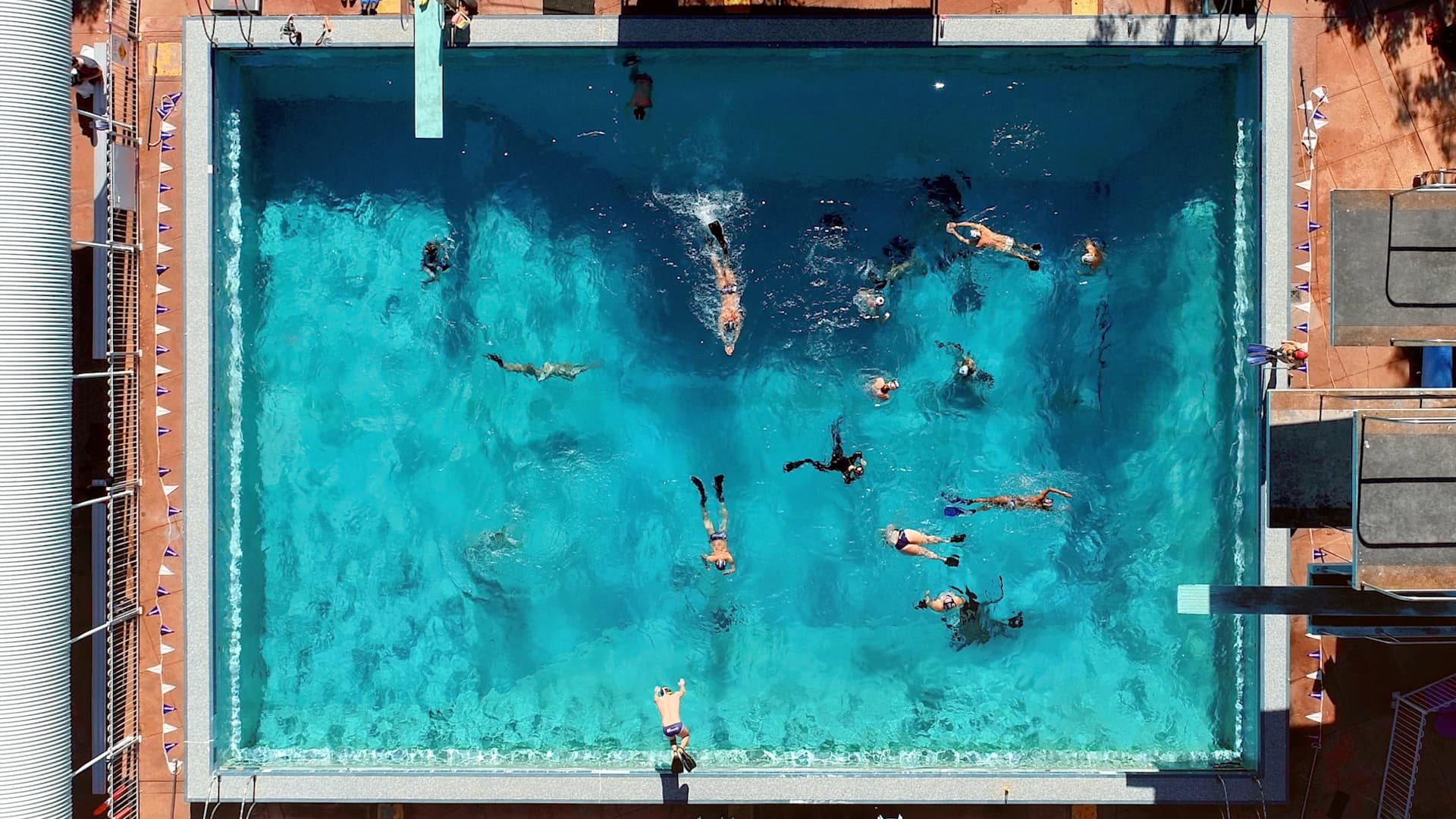 Swimming pool drone photography Aerial top-down shot of a diving pool.