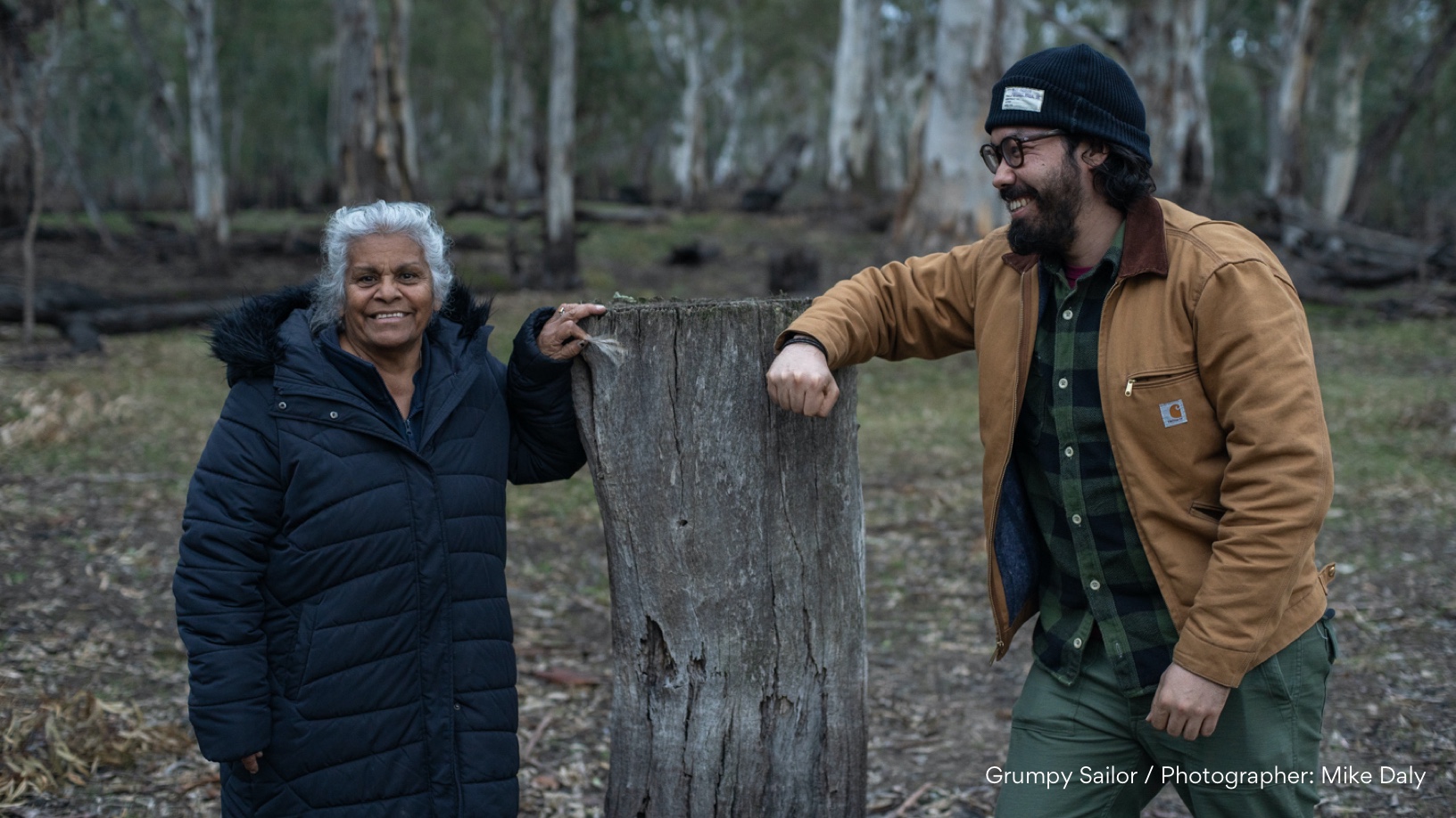 Filming on shoot First Nations Elder Esther Kirby meeting man on country.