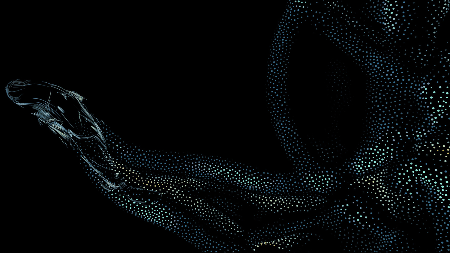 Projection experience Dots of color converge into a fish-like shape.
