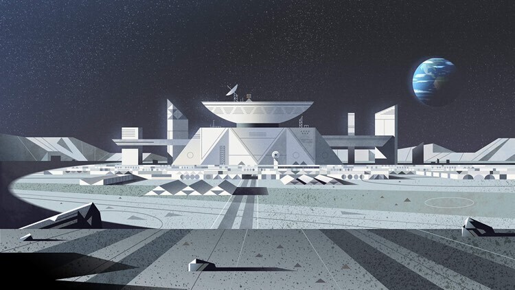 Atlassian space wideshot Render with moon-base in foreground, earth in background.
