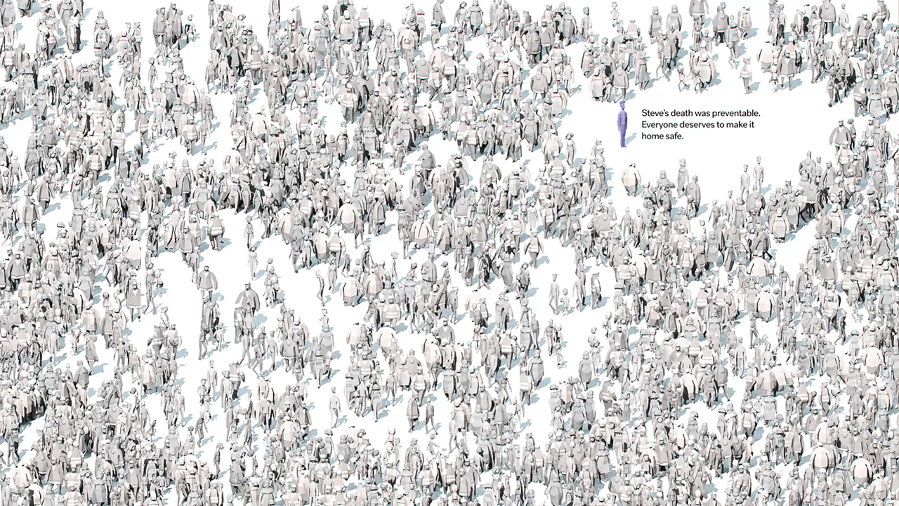 Data visualisation touchscreen Road to Zero poster, render of hundreds of people with one individual coloured.