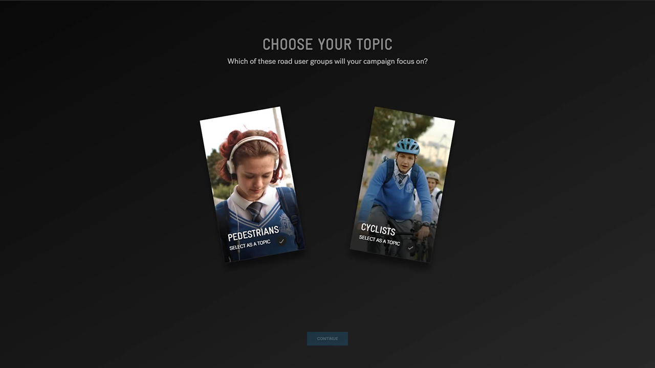 Health education application Select your topic screen in the Road to Zero advertising workflow.