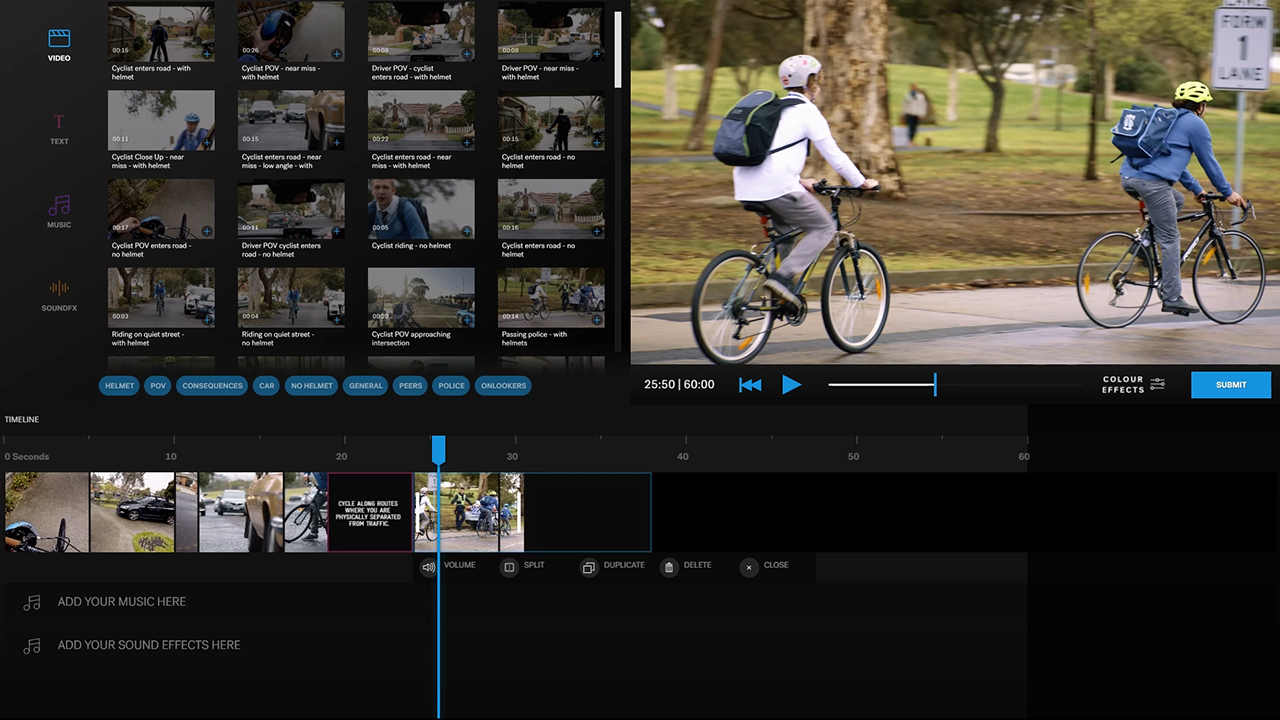 Video editing interface Digital audiovisual workspace with various clips of cyclists.