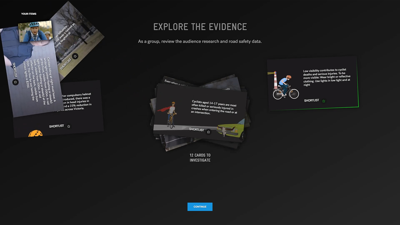 Safety touchscreen interface Screen of Explore the Evidence application