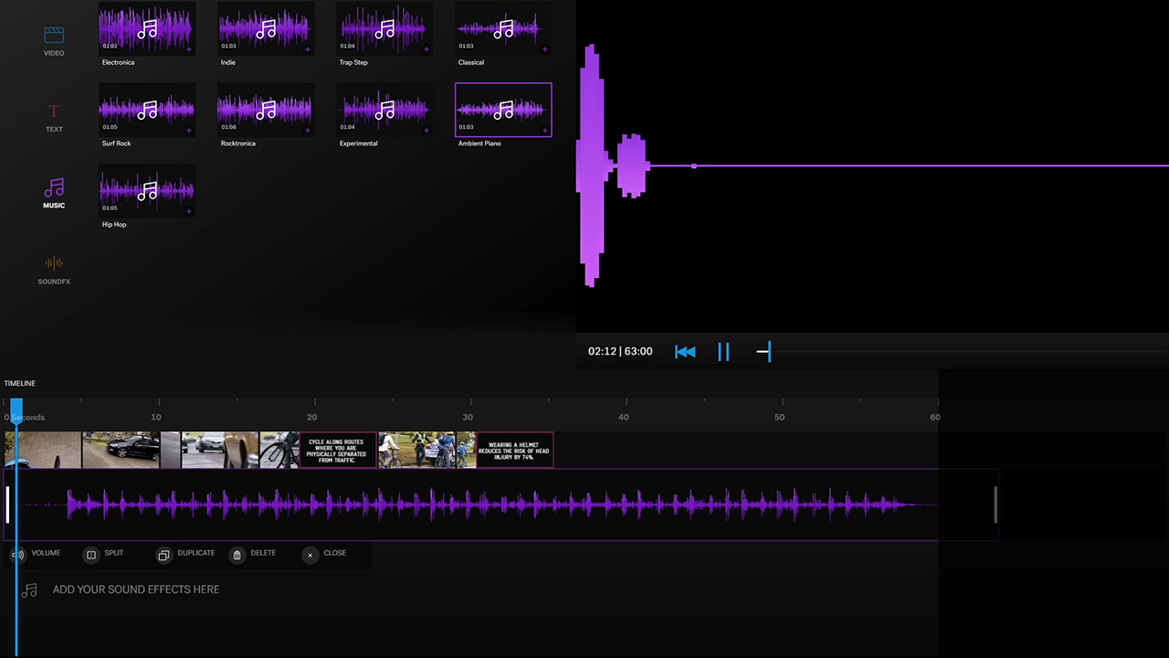 Audio touchscreen interface Digital audiovisual workspace containing assorted audio clips.