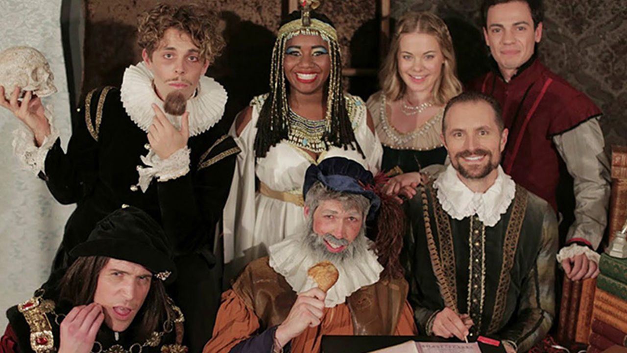 Actors on film set Entire crew of the Bell Shakespeare production posing for camera.