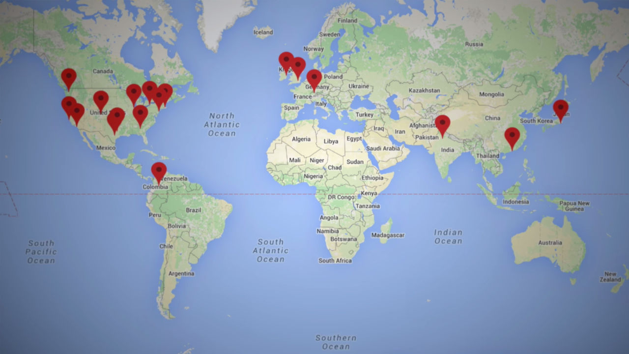 Talks at Google map Map of the world on Google Maps.