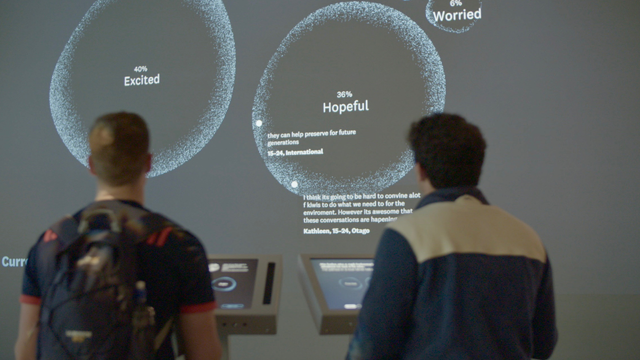 Data visualisation exhibition Two men in front of The Current exhibition.